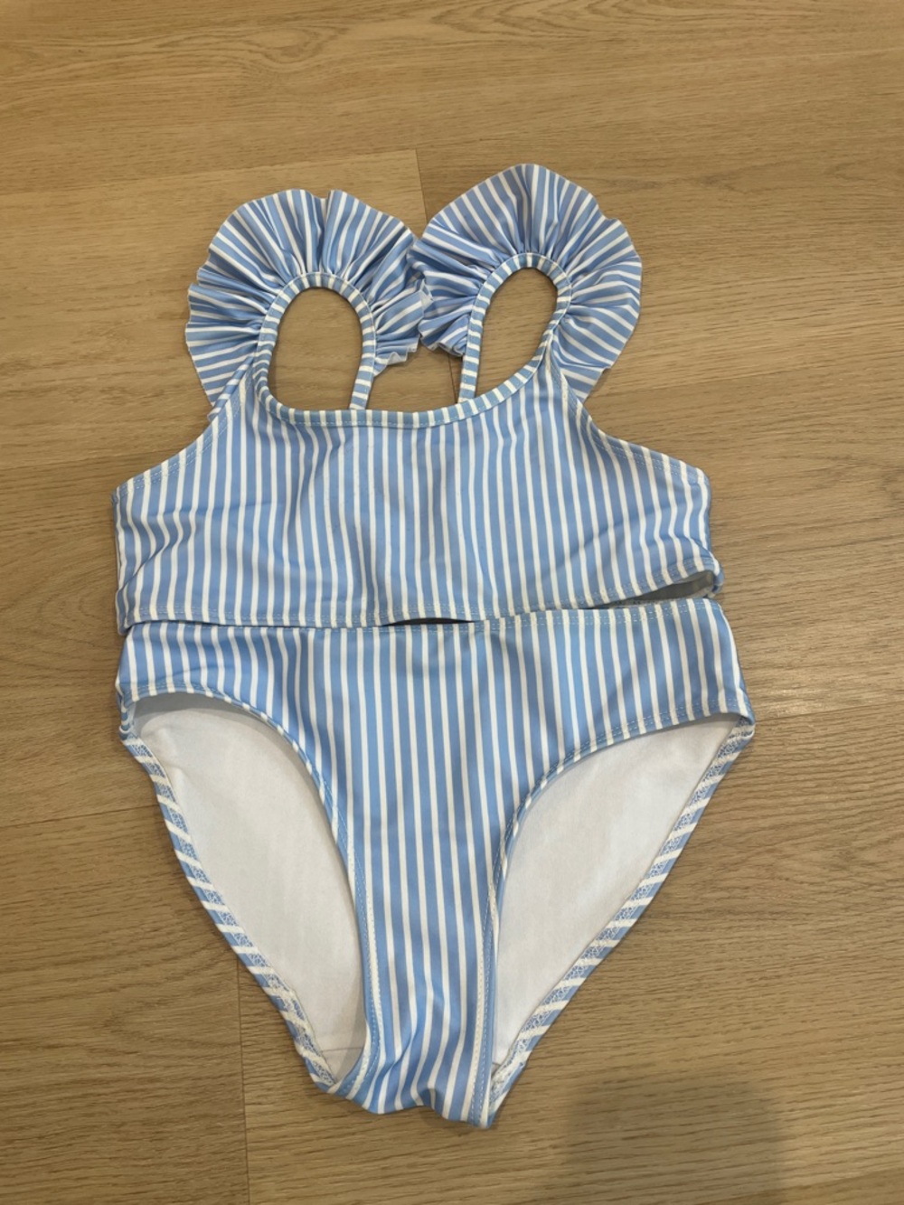 H&M Light Blue and White Stripe Ruffle-Strap One-Piece Swimsuit